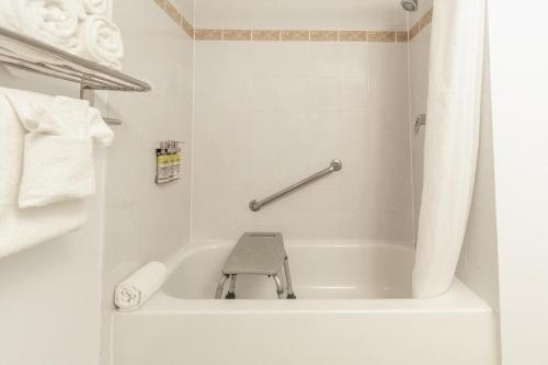 a white bath tub with a stool in a bathroom at Hôtel Saint-Laurent Montréal in Montréal