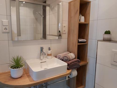 La salle de bains est pourvue d'un lavabo blanc et d'un miroir. dans l'établissement Belvedere, à Gernsbach