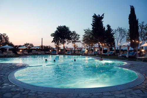 a swimming pool with people in it at night at Il Podere Del Germano Reale in Coriano