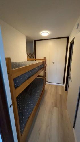 une chambre avec deux lits superposés et un placard dans l'établissement Studio thollon-les-mémises, à Thollon-les-Mémises