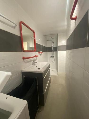 une salle de bain avec un lavabo, un miroir et une douche dans l'établissement Bel appart vue mer proche centre, climatisation, à Saintes-Maries-de-la-Mer