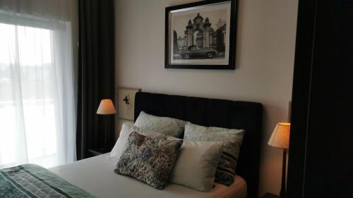 een slaapkamer met een bed met kussens en een foto aan de muur bij Green&Wood in Puck