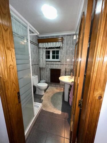 a bathroom with a shower and a toilet and a sink at Alojamento Vila Flor in Praia da Vitória