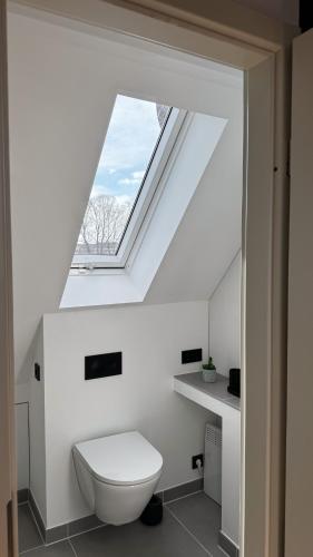 a bathroom with a white toilet and a skylight at City-Apartment in bester Lage in Münster