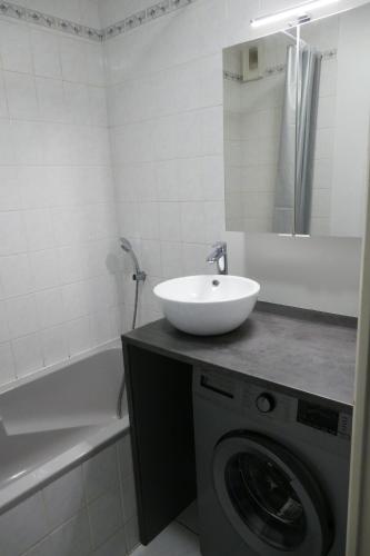 une salle de bain avec un lavabo et une machine à laver dans l'établissement ROYAL PARK La BAULE PISCINES, à La Baule