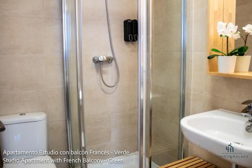 y baño con ducha, aseo y lavamanos. en Living4Malaga Suites Superior, en Málaga