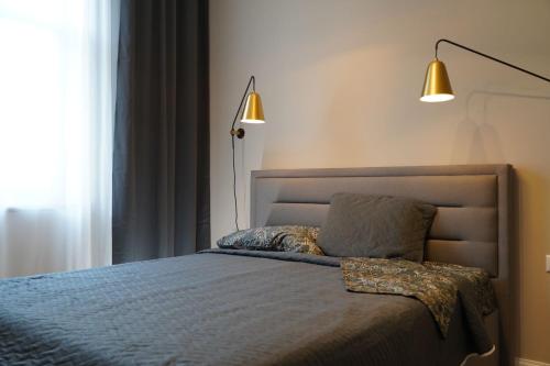 um quarto com uma cama com duas almofadas e um candeeiro em Giertmaņa apartamenti em Liepāja