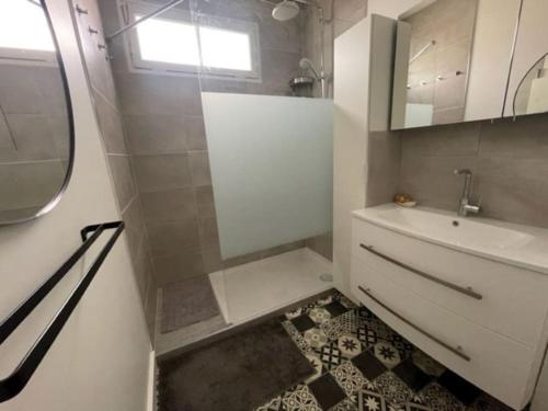 a bathroom with a shower and a sink and a mirror at Appart Lumineux Chaleureux in Montpellier