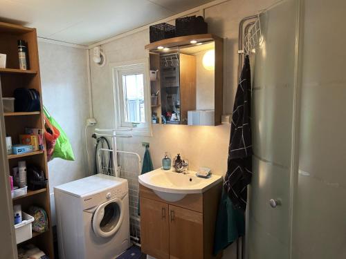 uma pequena casa de banho com um lavatório e uma máquina de lavar roupa em Nice cottage located in Sandvik, 100 meters from a bay em Hagby