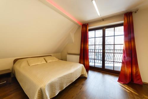 扎科帕內的住宿－Apartamenty-Plaza Zakopane，一间卧室设有一张床和一个大窗户