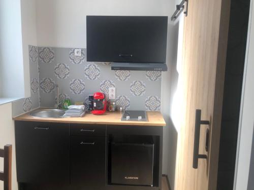 a kitchen with a sink and a tv on the wall at Sainte Cécile 2- Studio élégant, idéalement situé in Vichy