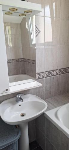a bathroom with a sink and a mirror and a tub at Apartment Elena in Herceg-Novi