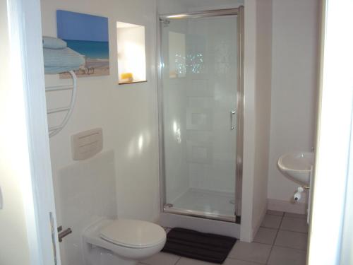 un bagno con doccia, WC e lavandino di La Metairie & Cottages a Camors