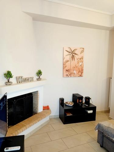 a living room with a fireplace and a table at Myilios Leisure Piraeus by Ilios Company in Piraeus