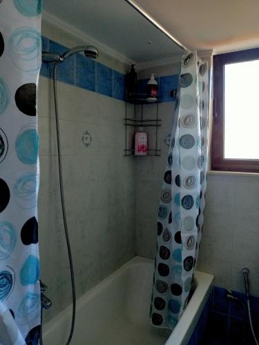 a bathroom with a shower with a shower curtain at Myilios Leisure Piraeus by Ilios Company in Piraeus