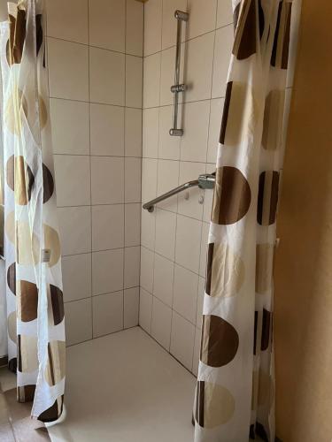 a shower with a shower curtain in a bathroom at Zimmer auf dem Scheuerhof in Wittlich