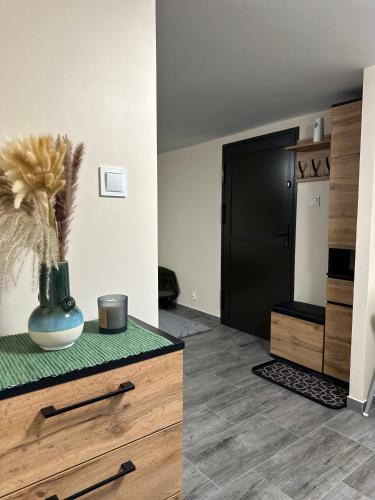 a room with a black refrigerator and a vase on a counter at Piękna Góra in Giżycko