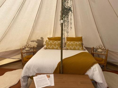 a bedroom with a bed in a tent at Angel Caves Farmstay in Vega de San Mateo