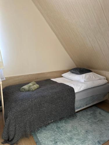 a bed in a room with a roof at Piękna Góra in Giżycko