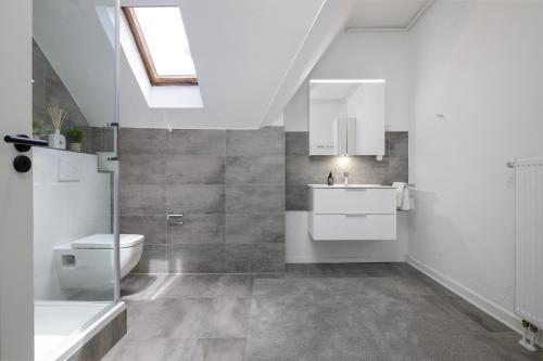 a bathroom with a toilet and a sink at K&M - Luxuriös - Mit Arbeitsplatz - Dachgeschoss in Wiesbaden