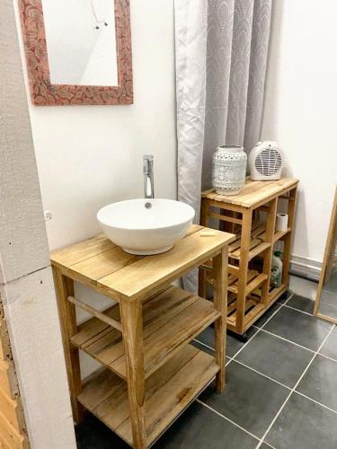 ein Badezimmer mit einem weißen Waschbecken und einem Spiegel in der Unterkunft Studio avec jardin amenage et wifi a Le Chene in Le Chêne