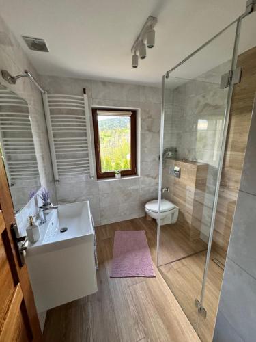 La salle de bains est pourvue d'un lavabo, d'une douche et de toilettes. dans l'établissement Apartament w Budzowie, à Budzów