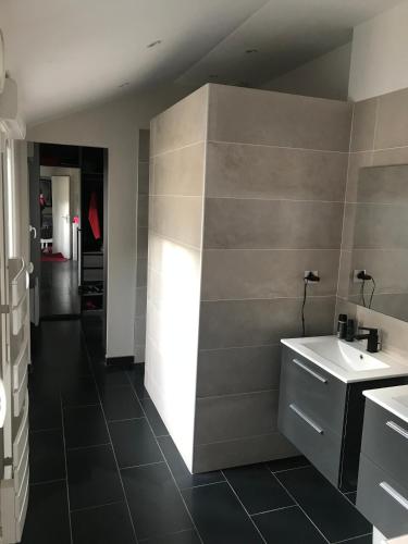 La salle de bains est pourvue d'un lavabo et d'un miroir. dans l'établissement Standing au cœur de ville- Argelès-Gazost-140 m2-3étoiles, à Argelès-Gazost