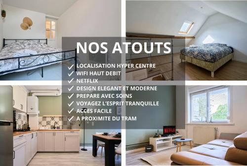 un collage de fotos de un dormitorio y una sala de estar en L'Emeraude - Les Demeures d'Adrien en Wasquehal