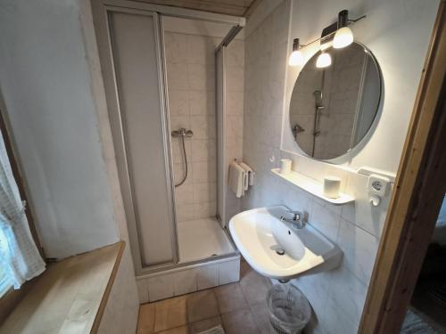 a bathroom with a sink and a shower and a mirror at Bauernhof Geigerhof in Aschau im Chiemgau