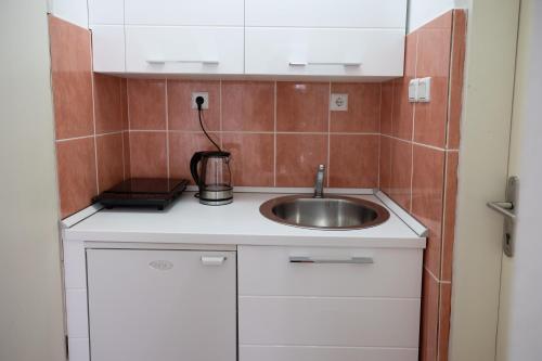 a small kitchen with a sink in a room at Apartmani Novkovic in Bar