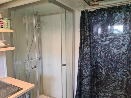 um chuveiro com uma porta de vidro na casa de banho em Enekullen em Hällingsjö