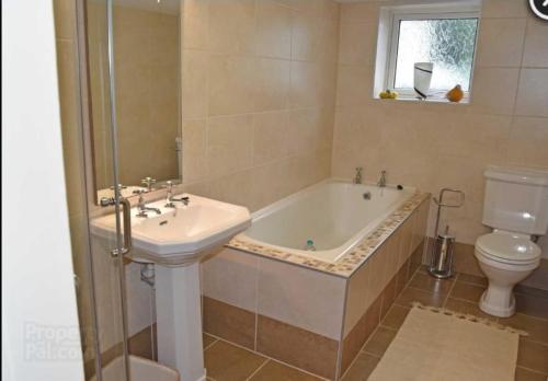 a bathroom with a tub and a toilet and a sink at Mardan House B&B in Killybegs
