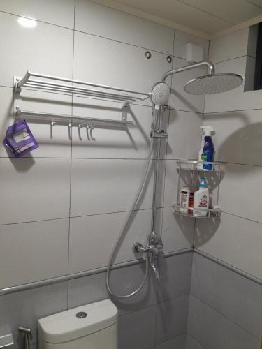 a bathroom with a shower head and a toilet at Cozy One-Room Apartment Stay in Hulhumale