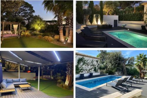 un collage de photos d'une piscine et d'une maison dans l'établissement Charmante villa tout confort à 10 min de la plage, à Sainte-Maxime