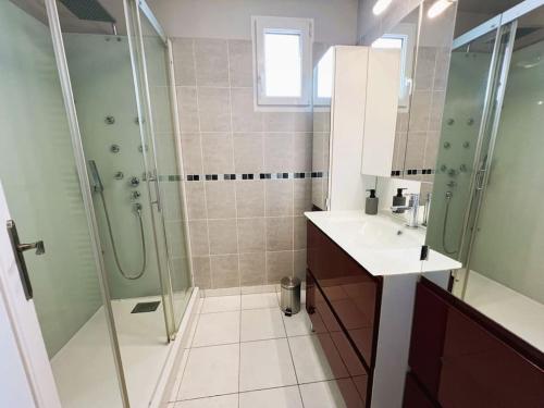 un baño con ducha y lavabo en Villa Samson, en Le Tréport