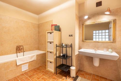 a bathroom with a sink and a tub and a mirror at Church Apartments in Český Krumlov