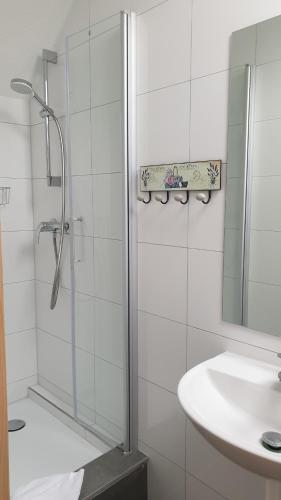 een witte badkamer met een douche en een wastafel bij Gästehaus Zu Herrenwiesen in Heidelberg