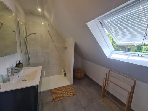 La salle de bains est pourvue d'un lavabo, d'une douche et d'une fenêtre. dans l'établissement Petit coin de paradis au bord du Minaouet, à Trégunc