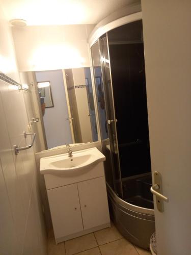 uma casa de banho com um lavatório e um chuveiro em HOLIDAYLAND 420 VILLA T3 MEZZANINE 8 couchages climatisé NARBONNE PLAGE em Narbonne Plage