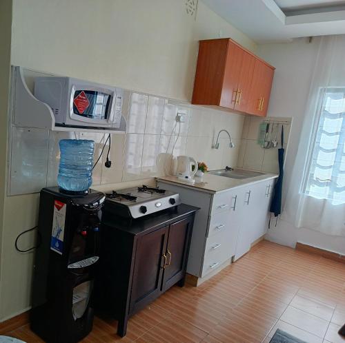 a small kitchen with a stove and a microwave at The kioka gardens with Wifi and parking in Nanyuki