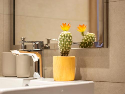 a cactus sitting on top of a bathroom sink at Luxury 1-Bedroom Hideaway In Meydan in Dubai