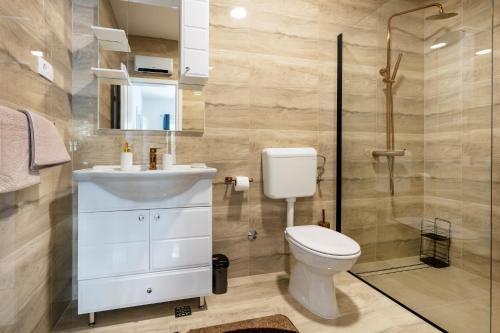 a bathroom with a toilet and a sink and a shower at New Villa Nadalina in Lovreć