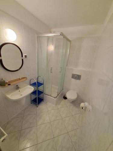 a bathroom with a shower and a sink and a toilet at Dom Sonia in Niechorze