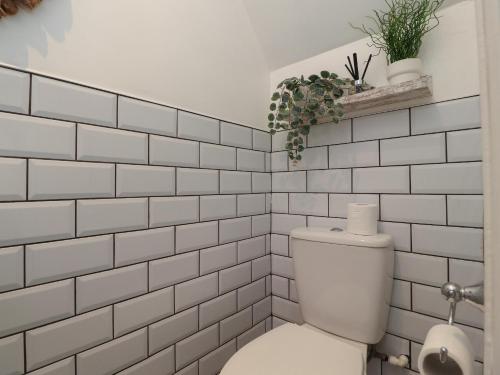 a white tiled bathroom with a toilet and plants at 12 Pennystone Road in Blackpool