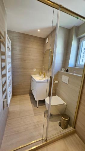 une salle de bain avec une douche, des toilettes et un lavabo dans l'établissement La Dolce Vita de Cannes: Luxury city center apartement, beautiful View, à Cannes