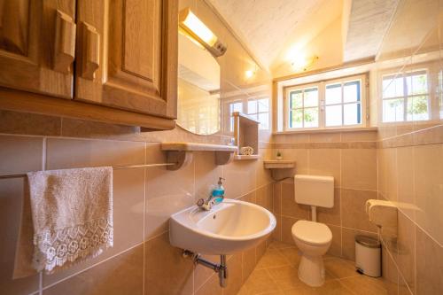 ein Bad mit einem Waschbecken und einem WC in der Unterkunft The Ultimate Escape - two traditional cottages & private pool in Selca