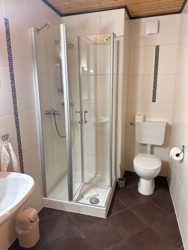 a bathroom with a shower and a toilet and a sink at Gästehaus Krone in Holzkirchen