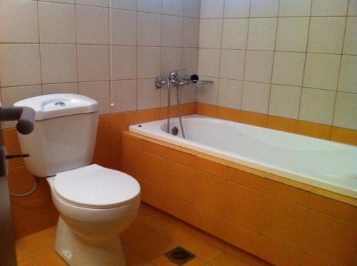 a bathroom with a toilet and a bath tub at Ariadni Hotel Arvi by Estia in Arvi