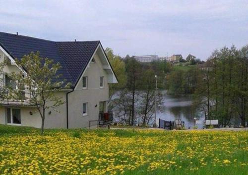 a house in a field of flowers next to a lake at Kaszubskie Nuty in Miechucino