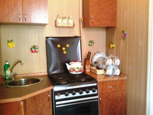 a small kitchen with a stove and a sink at Deribasovskaya 16 in Odesa